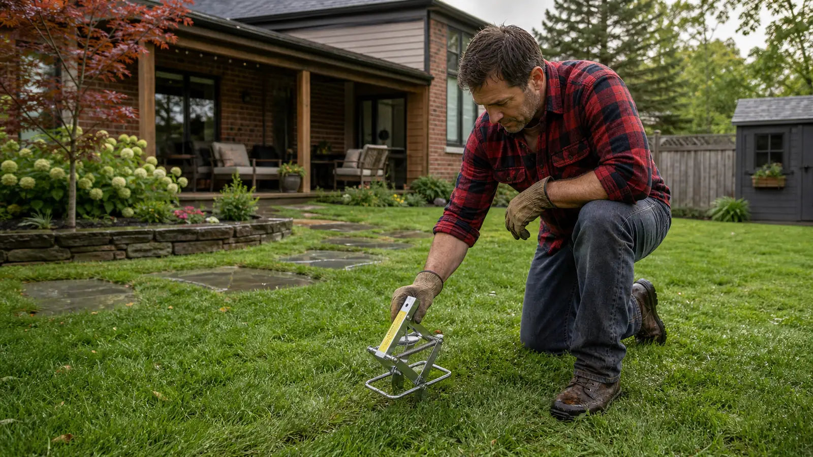 Man in a plaid shirt preparing to set a POLAFLEX Scissor Mole Trap in a rain-damp American backyard.