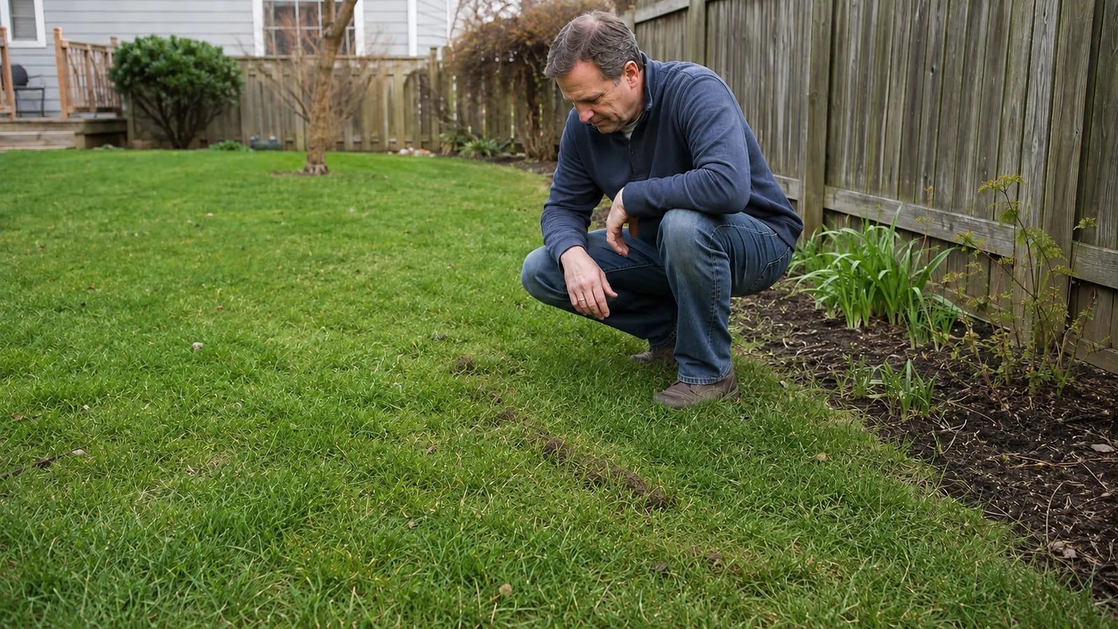 A homeowner notices a fresh raised mole tunnel near the edge of a lawn after a quiet period.