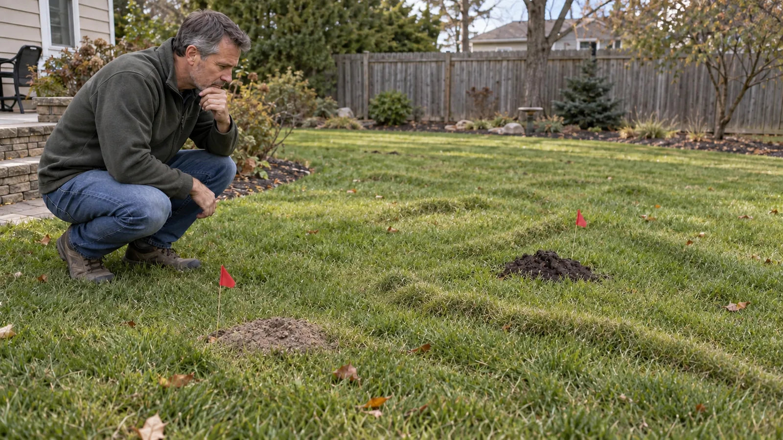 A homeowner inspects several molehills and raised tunnels before deciding how many mole traps are needed.