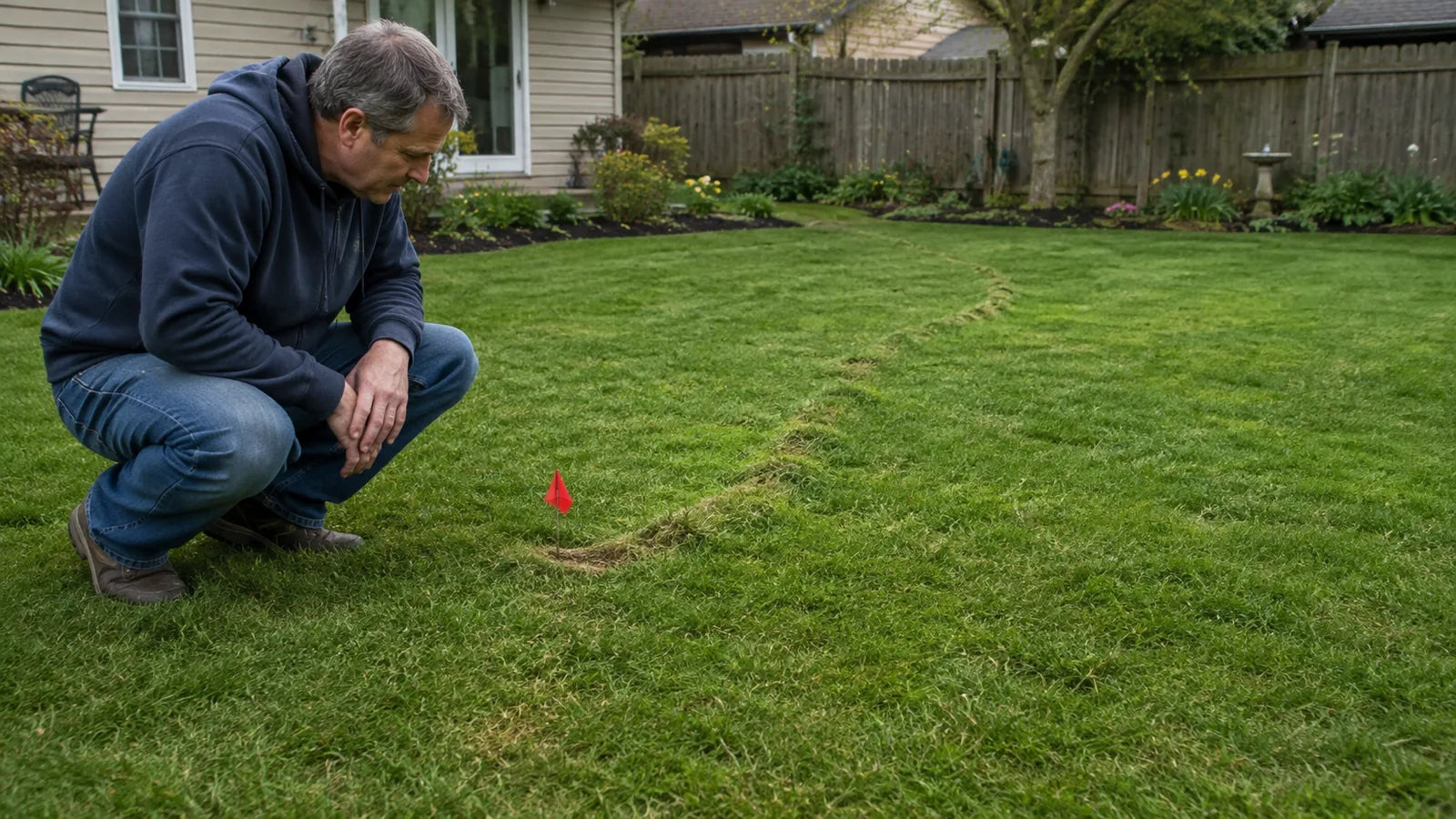 A homeowner checks a marked section of a raised mole tunnel in a residential lawn.