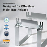 Effortless Mole Trap Release with certification logos on a light gray background. 