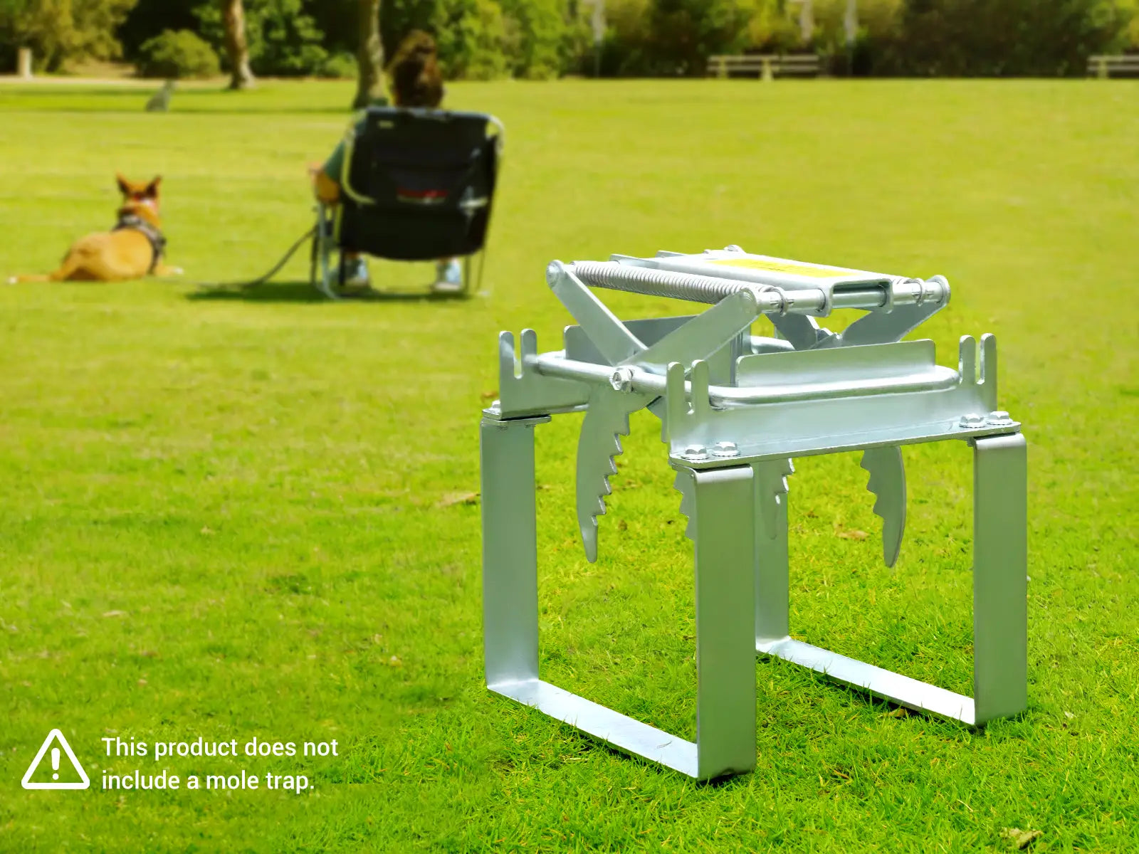 Metallic polaflex mole trap and releaser on grass with a person and a dog enjoying in the background