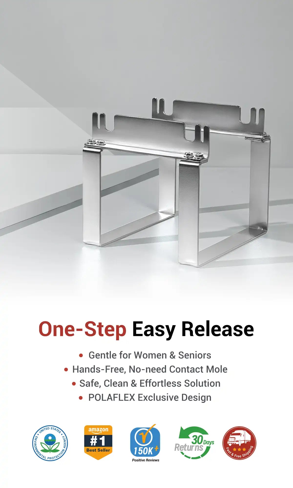 POLAFLEX exclusive design mole trap releaser with 'One-Step Easy Release, Gentle for Women & Seniors, One-Step Easy Release, Hands-Free, Safe, Clean & Effortless Solution' text on a white background. Gentle for Women & Seniors, One-Step Easy Release
