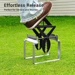 A woman using a foot press on polaflex mole trap with text 'Effortless Release Perfect for Seniors and Women'.