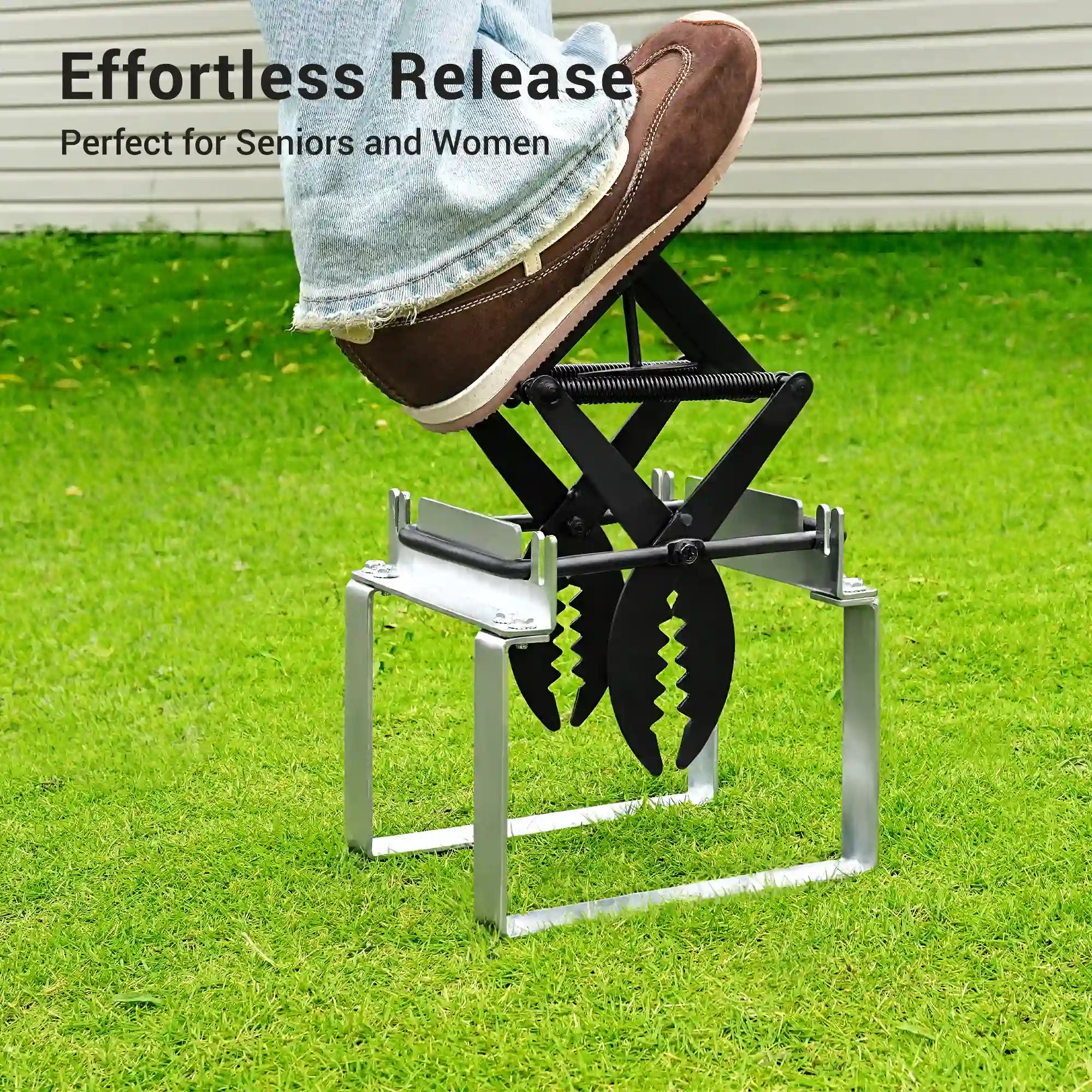A woman using a foot press on polaflex mole trap with text 'Effortless Release Perfect for Seniors and Women'.