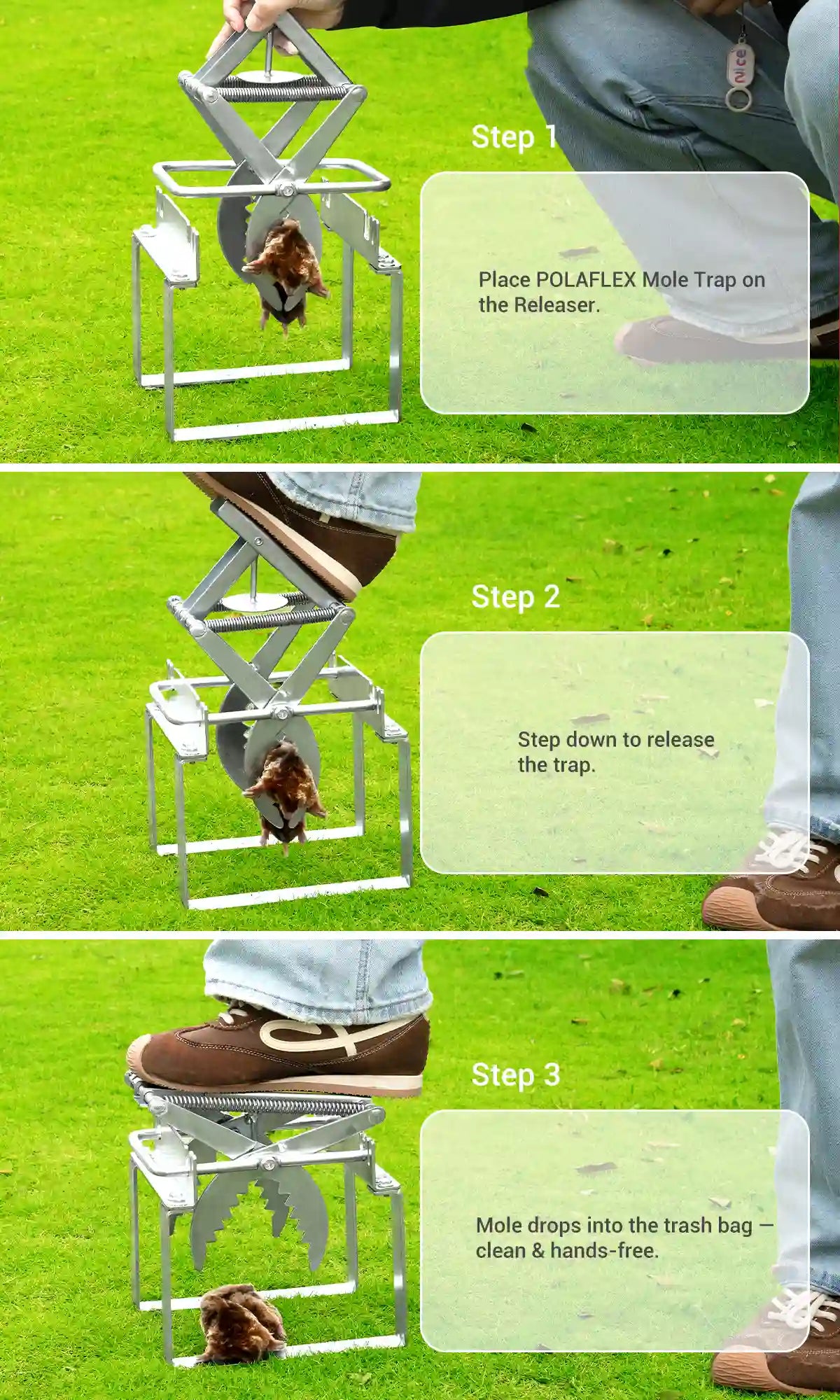 Step-by-step guide on using a mole trap releaser, with visual instructions on how to release the mole on the green grass.