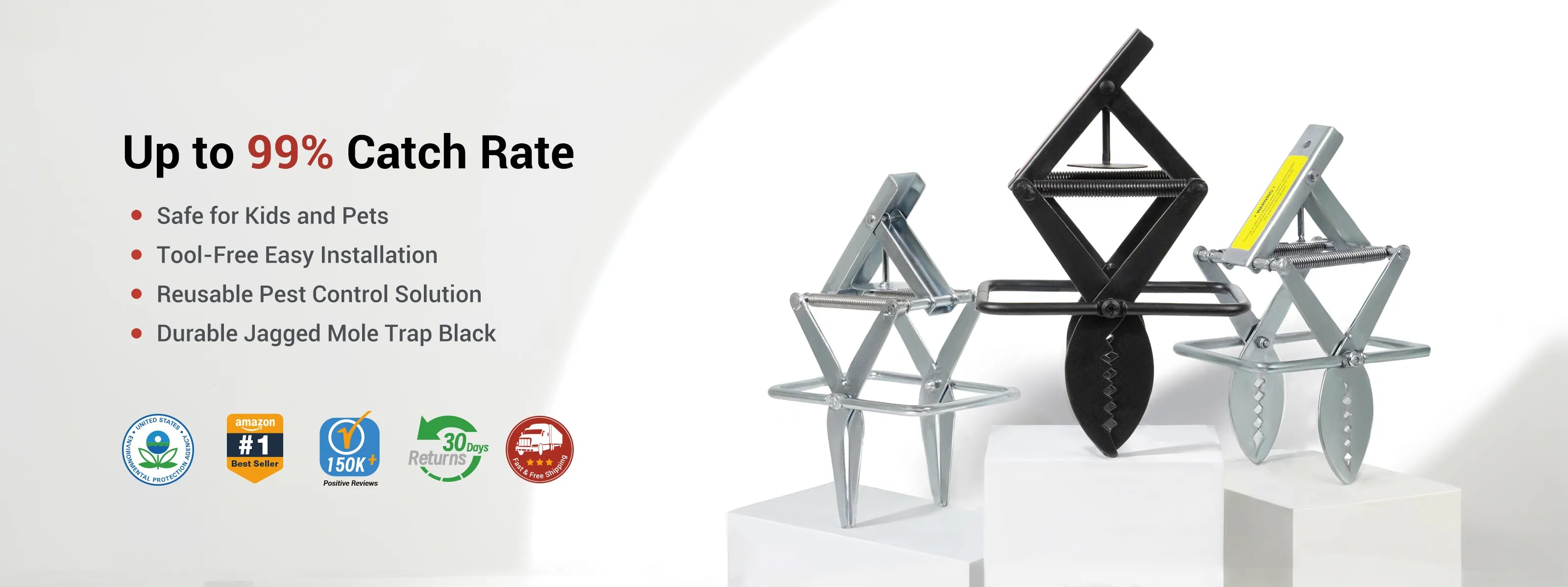 Durable jagged mole trap black 2 pack up to 99% Catch Rate, safe for kids and pets, tool-free easy installation, reusable pest control solution. EPA certified, Amazon's best seller, chosen by 150,000 real customers, 30-day return and exchange