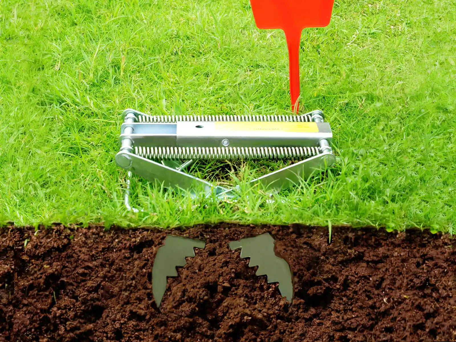 Metal mole trap with jagged jaw on grass with a red flag, showing soil separation. Wide teeth work underground, so they won't harm pets or children on the lawn.