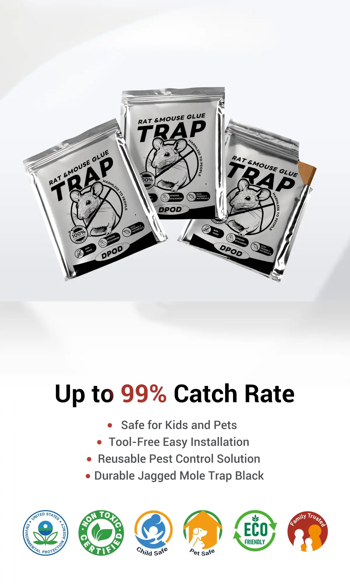 glue mouse trap banner showing 99% capture rate, non-toxic design, and fit for all indoor spaces