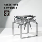 Metallic mole trap and release on a white background with 'Hands-Free & Hygienic' text and icon.
