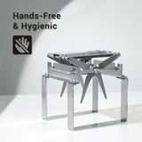 Metallic mole trap and release on a white background with 'Hands-Free & Hygienic' text and icon.