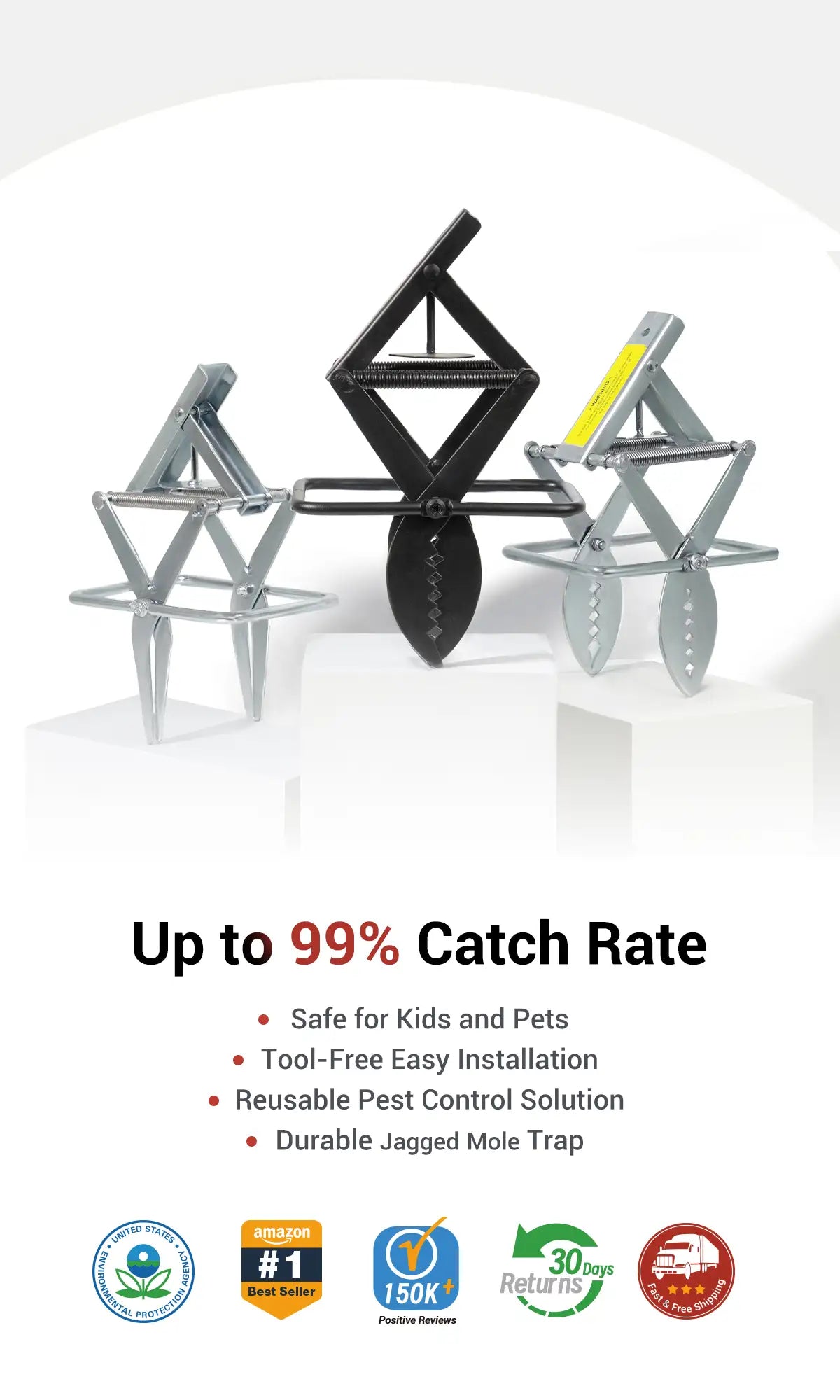 Durable jagged mole trap up to 99% Catch Rate, safe for kids and pets, tool-free easy installation, reusable pest control solution. EPA certified, Amazon's best seller, chosen by 150,000 real customers, 30-day return and exchange